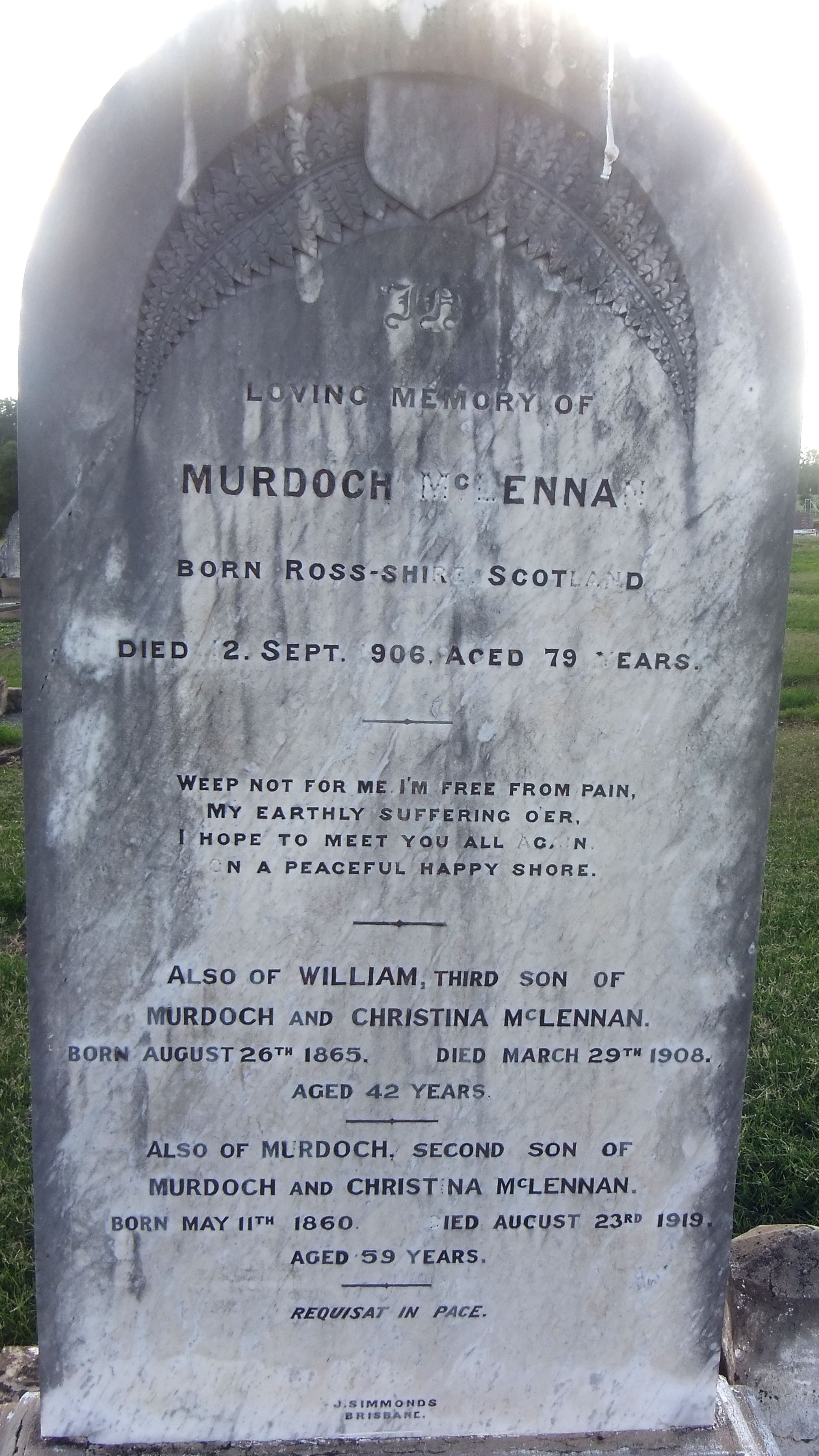 Photo of headstones/Murdoch McLennan d1906 full hdstn DalbyQ